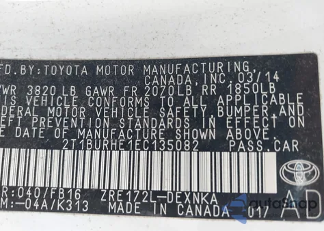 2014 Toyota Corolla Le из США, поврежденный, VIN 2T1BURHE1EC135082